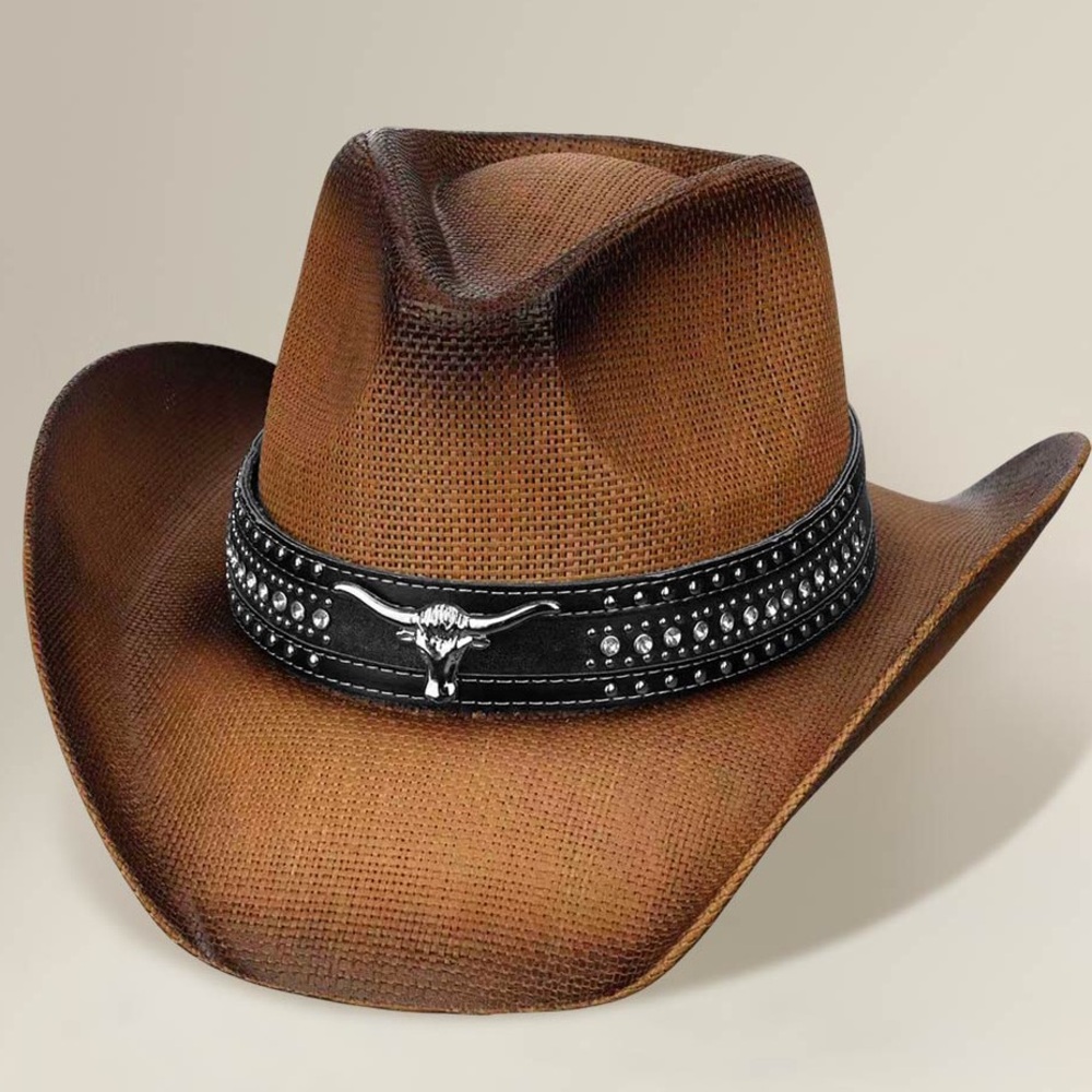 Metal Steer Head Emblem Studded Leather Band Western Straw Cowboy Fedora Hat